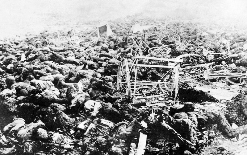 Japan: Scene of destruction in Tokyo after the Great Kanto Earthquake of 1923. Piles of bodies of those caught in the great fire that swept the city after the quake