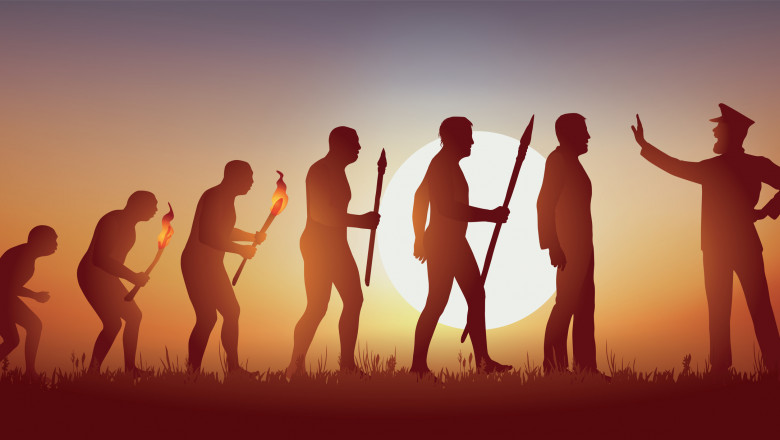 The evolution of mankind according to Darwin stopped in his March forward by an authoritarian man.