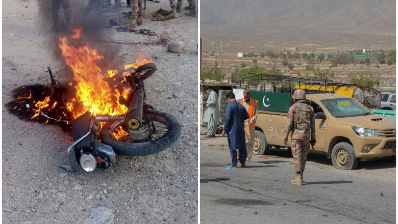 atentat cu bomba quetta pakistan motocicleta in flacari in poza din stanga si masina armata si oameni in poza din dreapta