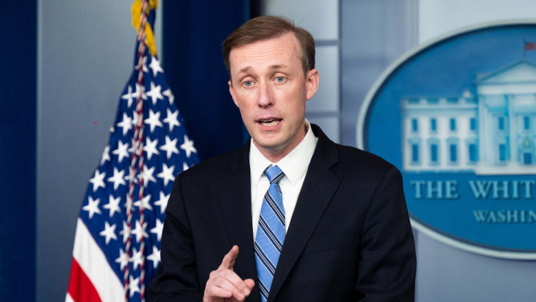 National Security Advisor Jake Sullivan speaking at a press briefing in the White House