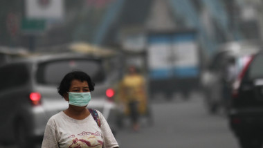 O femeie indoneziană poartă o mască de protecție pentru față ca să se protejeze împotriva poluării aerului cu smog din Indonezia.