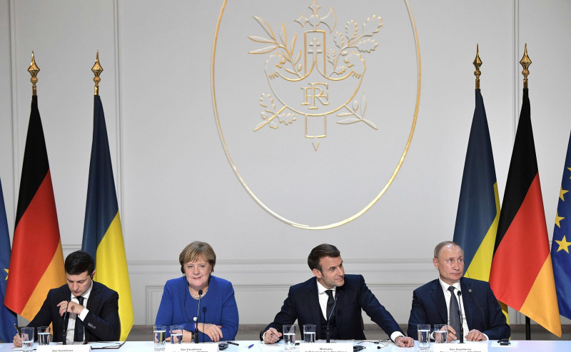 Paris, France. 10 December, 2019. The leaders of Ukrainian, France, Russia and Germany together during a joint press conference following the conclusion of the Normandy Format Summit meeting at the Elysee Palace December 10, 2019 in Paris, France. From le