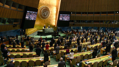 A moment of silence is held during the 105th and closing meeting of the 75th session of the United Nations General Assembly (UNGA) at the UN headquarters in New York, Sept. 14, 2021.