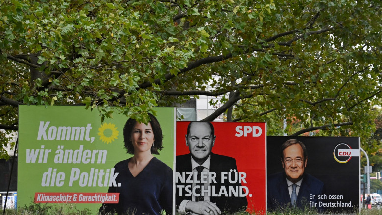 De la stânga la dreapta, cei trei candidați la funcția de cancelar al Germaniei în alegerile din 26 septembrie. Annalena Baerbock (Partidul Verzilor), Olaf Scholz (SPD), Armin Laschet (CDU-CSU).