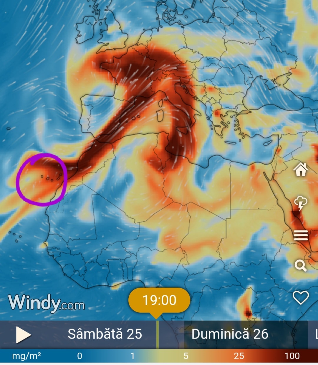 Norul de poluanti generat de vulcanul din La Palma ajunge in Romania. Intra pe la Timisoara si pana luni seara se extinde in toata tara