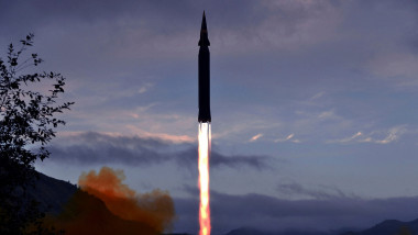 This picture taken on September 28, 2021 and released from North Korea's official Korean Central News Agency (KCNA) on September 29 shows the Academy of Defence Science of the DPRK test-firing a hypersonic missile Hwasong-8 newly developed by it in Toyang-ri, Ryongrim County of Jagang Province, North Korea