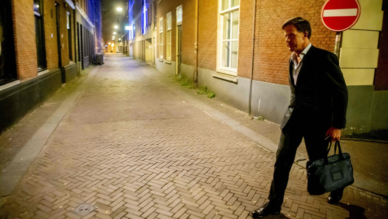 VVD party chairman Mark Rutte leaves after the formation meeting in the Logement, at The Hague on September 27, 2021. After hours of consultation led by informateur Johan Remkes
