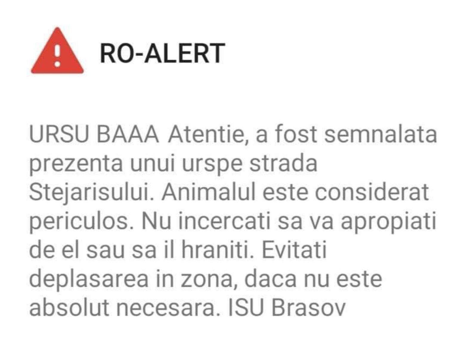Cetățenii din Brașov au primit un mesaj RO-ALERT care începea cu avertismentul "URSUL BAAA"