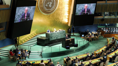 Secretarul general al ONU, Antonio Guterres, vorbind în cadrul celei de-a 76-a Adunare Generală a Națiunilor Unite. S