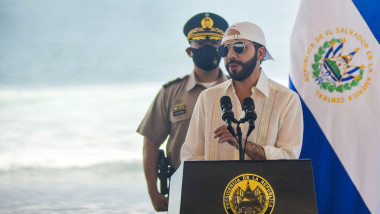 Tamanique, El Salvador. 29th May, 2021. Salvadoran President, Nayib Bukele speaks during the event. The International Surfing Association inaugurated the 2022 World Surf Games, the last qualifying round for surfers to get a ticket to the Tokyo Olympic Gam