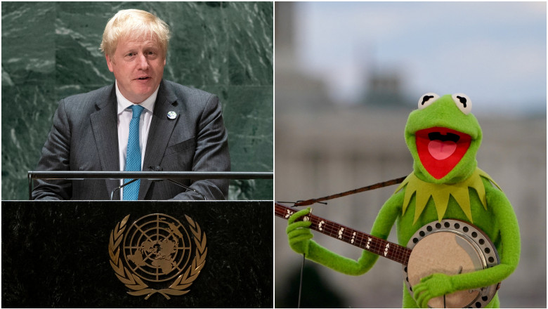 Premierul britanic Boris Johnson la ONU (stânga) și personajul Broscoiul Kermit (dreapta).