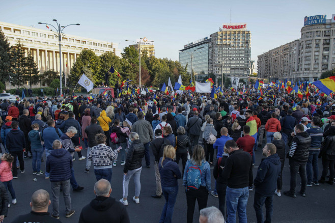 Grup mare de oameni la un protest, cu steaguri și pancarte