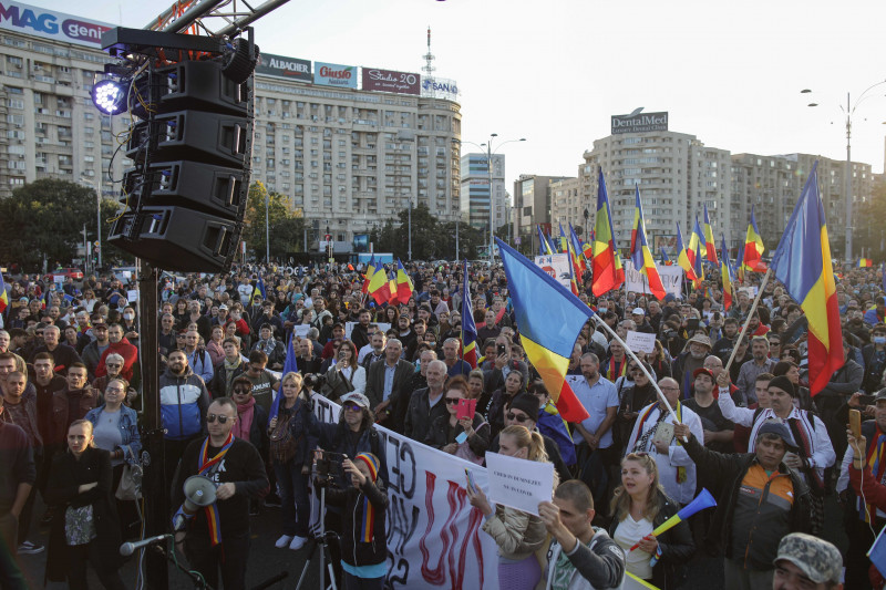 Grup mare de oameni la un protest, cu steaguri și pancarte