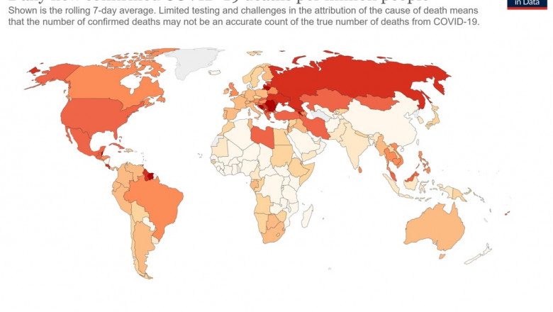 harta lumii in care sunt colorate in rosu tarile cu cele mai multe decese de covid in ultimele șapte zile raportat la un milion de locuitori
