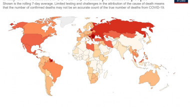harta lumii in care sunt colorate in rosu tarile cu cele mai multe decese de covid in ultimele șapte zile raportat la un milion de locuitori