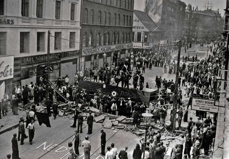 A historic photo of a 1944 riot in Norrebro, Copenhagen during the German occupation of Denmark.
