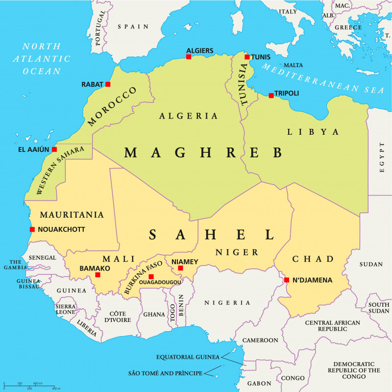 Maghreb and Sahel Political Map with capitals and national borders. English labeling and scaling.