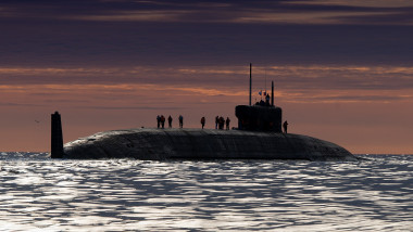 The Project 955A (Borei A) nuclear-powered ballistic missile submarine Knyaz Oleg sets off on its first sea trial in the White Sea