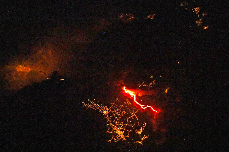 Space view of Cumbre Vieja erupting on Canary Islands