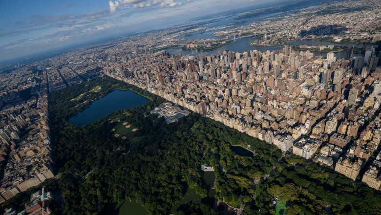 An aerial general view shows Central Park and upper east side of New York city