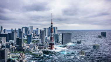 Imagine sugestivă cu orașul japonez Tokyo, cum ar arăta dacă ar fi scufundat din cauza creșterii nivelului mării.