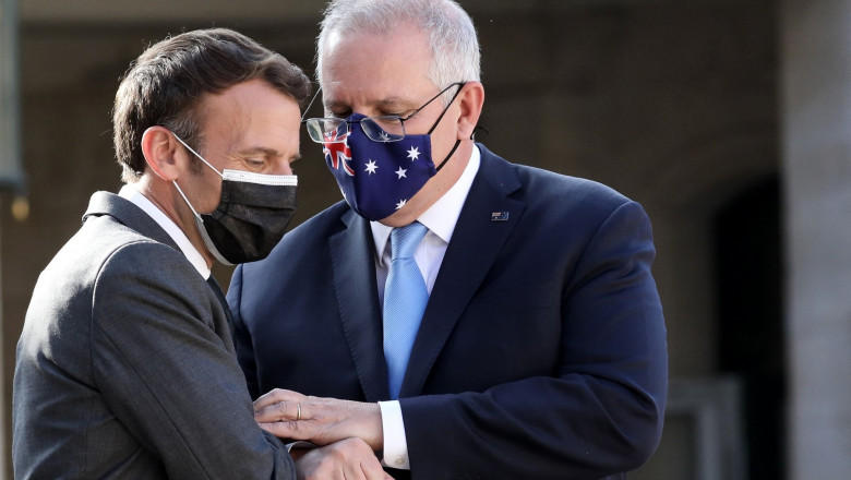 Le président de la République, Emmanuel Macron recoit le premier ministre du Commonwealth d'Australie, Scott Morrison au palais de l'Elysée,