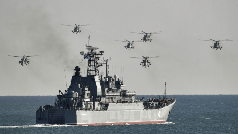 The Novocherkassk landing ship takes part in an exercise in the amphibious landing on an unimproved shore held by army corps and naval infantry units of the Russian Black Sea Fleet at the Opuk range, in Crimea