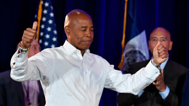 New York City Democratic Mayor-elect Eric Adams gestures to supporters during his 2021 election victory night party at the Brooklyn Marriott on November 2, 2021 in New York City