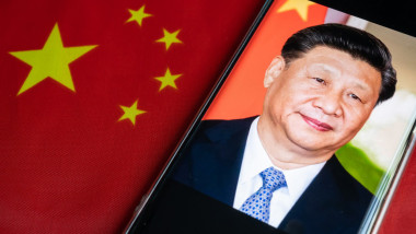 Illustration of Xi Jinping, the current president of the People s Republic of China on the Chinese flag.