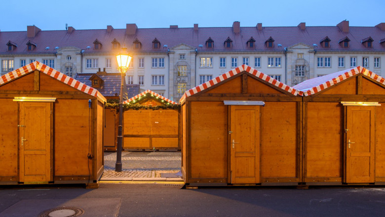 Closed Christmas market stalls at the Alter Markt
