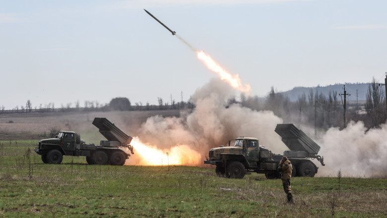 Rocket artillery platoon of Donetsk People's Republic people's militia fires at Ukrainian Army positions