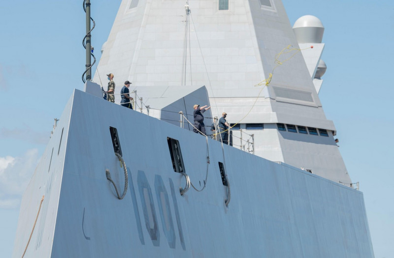 Zumwalt-class destroyer, USS Michael Monsoor (DDG 1001), visits Joint Base Pearl Harbor-Hickam while operating in U.S. 3rd Fleet Feb. 17, 2022. The USS Michael Monsoor is named in honor of Master-atArms 2nd Class (SEAL) Michael Monsoor, who was posthumous