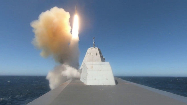 PACIFIC OCEAN (April 14, 2022) Guided-missile destroyer USS Zumwalt (DDG 1000) conducts a live-fire missile exercise at the Point Mugu Test Range. Zumwalt is underway conducting routine operations in U.S. 3rd Fleet. (U.S. Navy photo by Lt. j.g. Mary Kiers