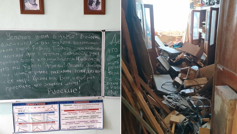 După ce le-au distrus școala, soldații ruși au scris cu creta pe tablă un mesaj pentru copiii ucraineni
