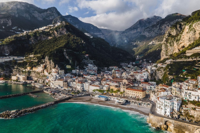 Aerial view of Amalfi, a little town along the Amalfi coast facing the Mediterranean sea, Salerno, Italy.