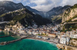 Aerial view of Amalfi, a little town along the Amalfi coast facing the Mediterranean sea, Salerno, Italy.