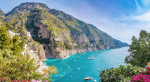 A view of the rocky coastline of the Amalfi Coast, Italy.