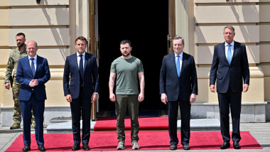 laus Iohannis, Emmanuel Macron, Olaf Scholz și Mario Draghi s-au întâlnit cu președintele Ucrainei, Volodimir Zelenski