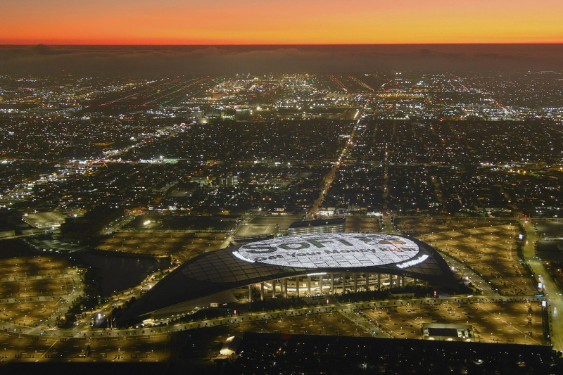 An aerial view of SoFi Stadium, Tuesday, Sept. 14, 2021, in Inglewood, Calif. The stadium is the home of the Los Angeles Chargers and the Los Angeles