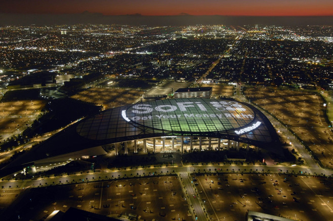 An aerial view of SoFi Stadium, Tuesday, Sept. 14, 2021, in Inglewood, Calif. The stadium is the home of the Los Angeles Chargers and the Los Angeles