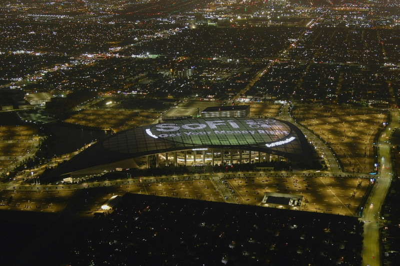 An aerial view of SoFi Stadium, Tuesday, Sept. 14, 2021, in Inglewood, Calif. The stadium is the home of the Los Angeles Chargers and the Los Angeles