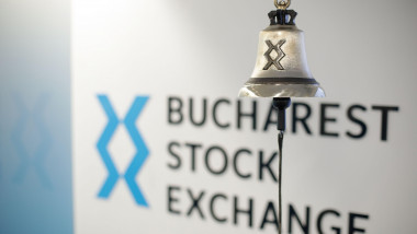 Bucharest, Romania - October 4, 2021: Bucharest Stock Exchange logo and opening bell.