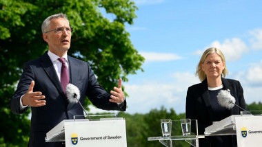 Sweden's Prime Minister Magdalena Andersson, right, and NATO Secretary General Jens Stoltenberg attend a joint press conference at Harpsund