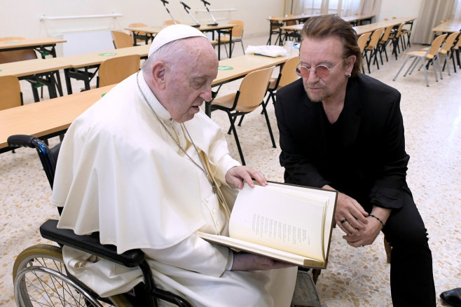 Vatican, Rome: Pope Francis greeting Bono, frontman of Irish rock band U2, during the launch of the Scholas Occurrentes International Movement at the Pontifical Urbaniana University