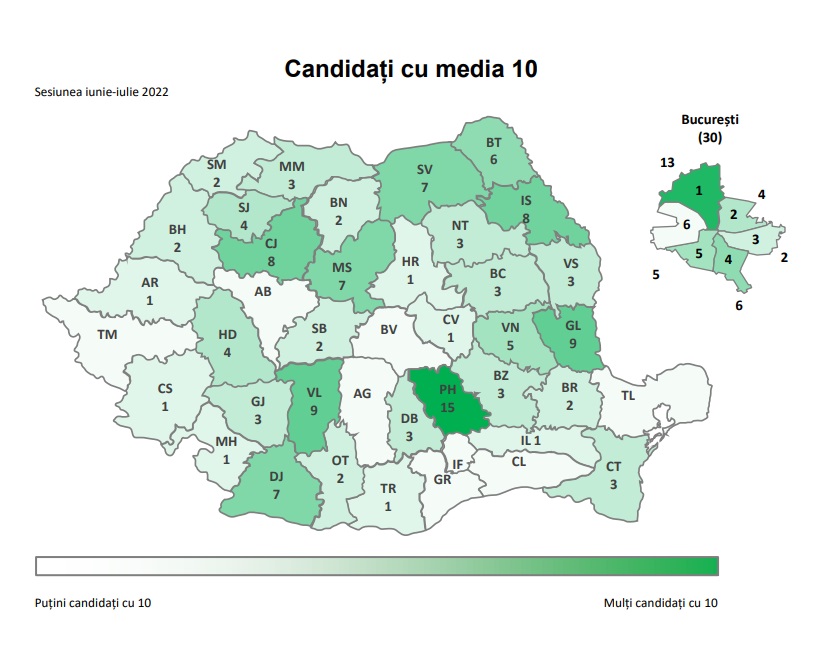 HARTA mediilor de 10 la Bacalaureat 2022. Județele unde elevii au obținut cele mai multe medii maxime