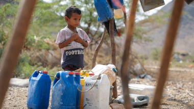 Taiz Yemen - 18 Feb 2022 : A sad child lives in camps for displaced people from the Yemen war, Taiz