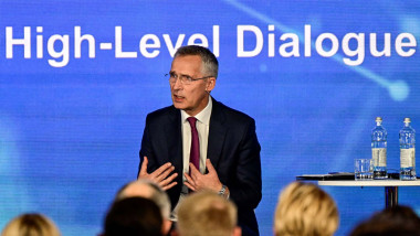 NATO Secretary General Jens Stoltenberg delivers his opening speech on the first day of the NATO summit at the Ifema congress centre in Madrid