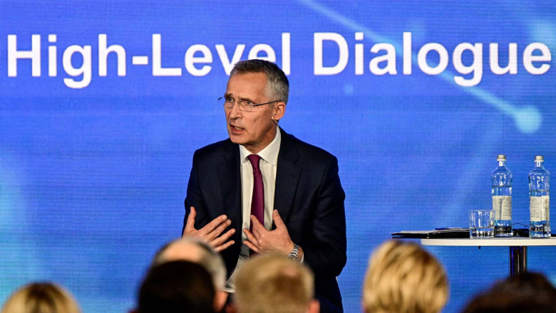 NATO Secretary General Jens Stoltenberg delivers his opening speech on the first day of the NATO summit at the Ifema congress centre in Madrid