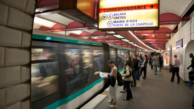 Metro underground train coming into station, Paris, France, Europe