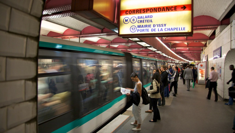 Metro underground train coming into station, Paris, France, Europe